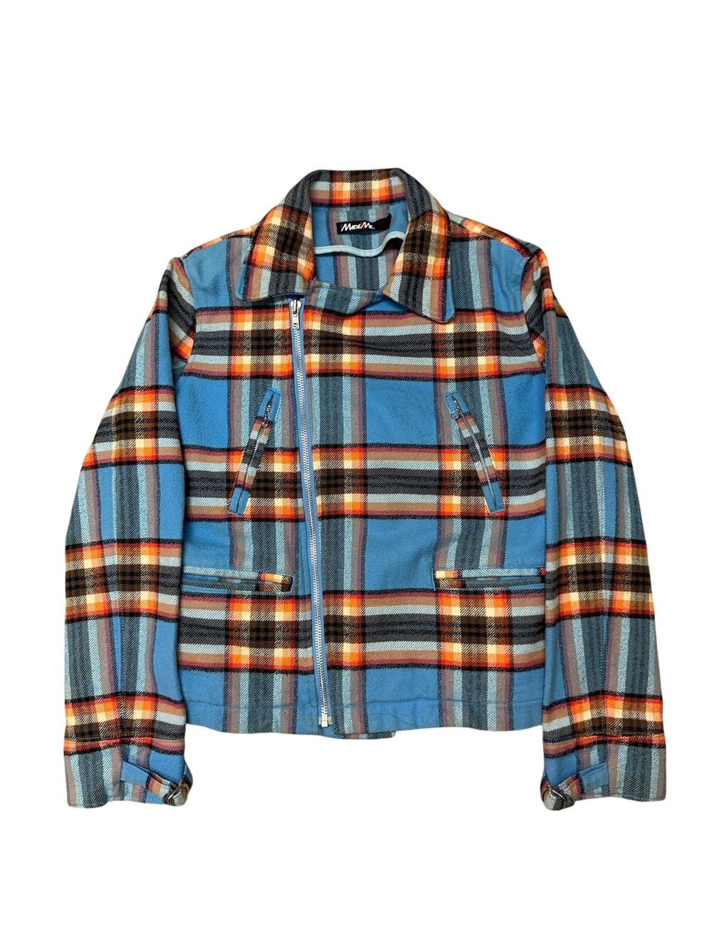 MadeMe Jacket Womens Medium Blue Plaid Wool Biker Zip Pockets Straps Flannel